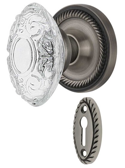 Rope Rosette Mortise-Lock Set with Victorian Crystal-Glass Knobs in Antique Pewter.